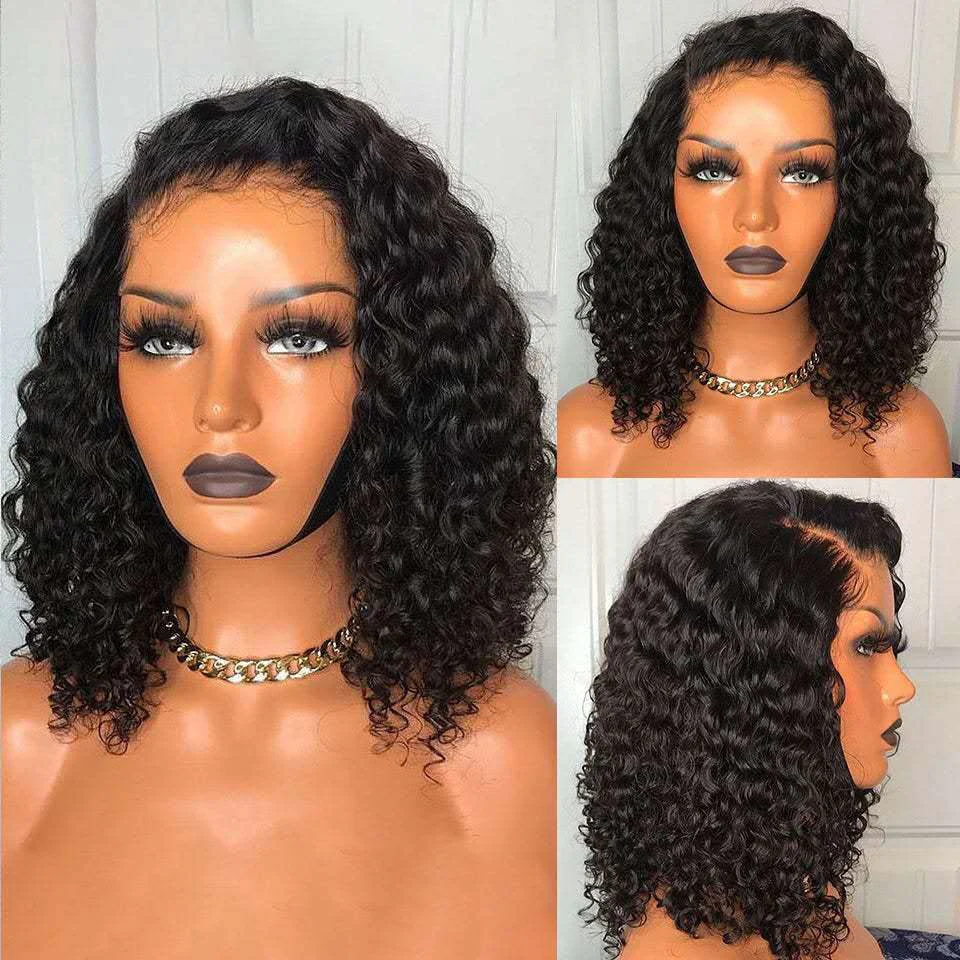 Glueless 13x1.5 Lace Front Short Curly Bob Wig with Side Bangs - Anti-Shedding Premium Matte Heat-Resistant Synthetic Water Wave Curls (Natural Black)