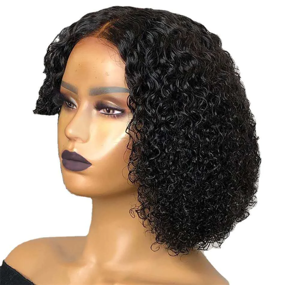 Glueless 13x1.5 Lace Front Short Curly Bob Wig with Side Bangs - Anti-Shedding Premium Matte Heat-Resistant Synthetic Water Wave Curls (Natural Black) - 图片 2