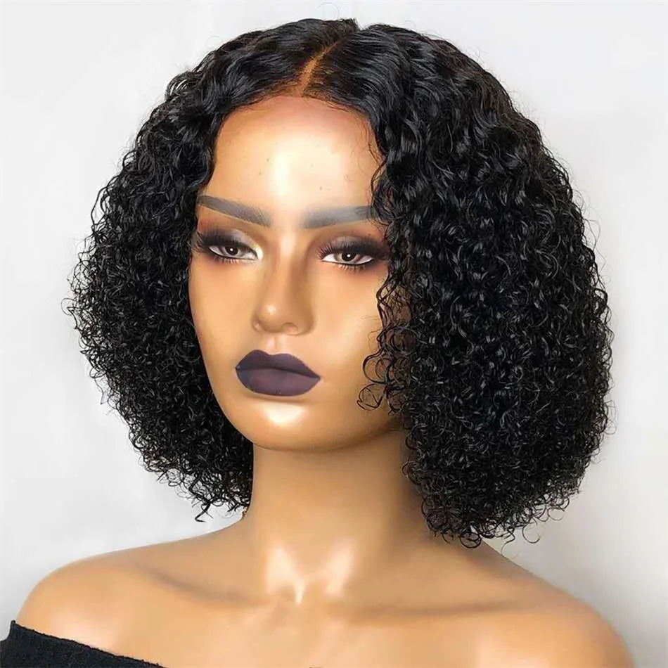 Glueless 13x1.5 Lace Front Short Curly Bob Wig with Side Bangs - Anti-Shedding Premium Matte Heat-Resistant Synthetic Water Wave Curls (Natural Black) - 图片 4