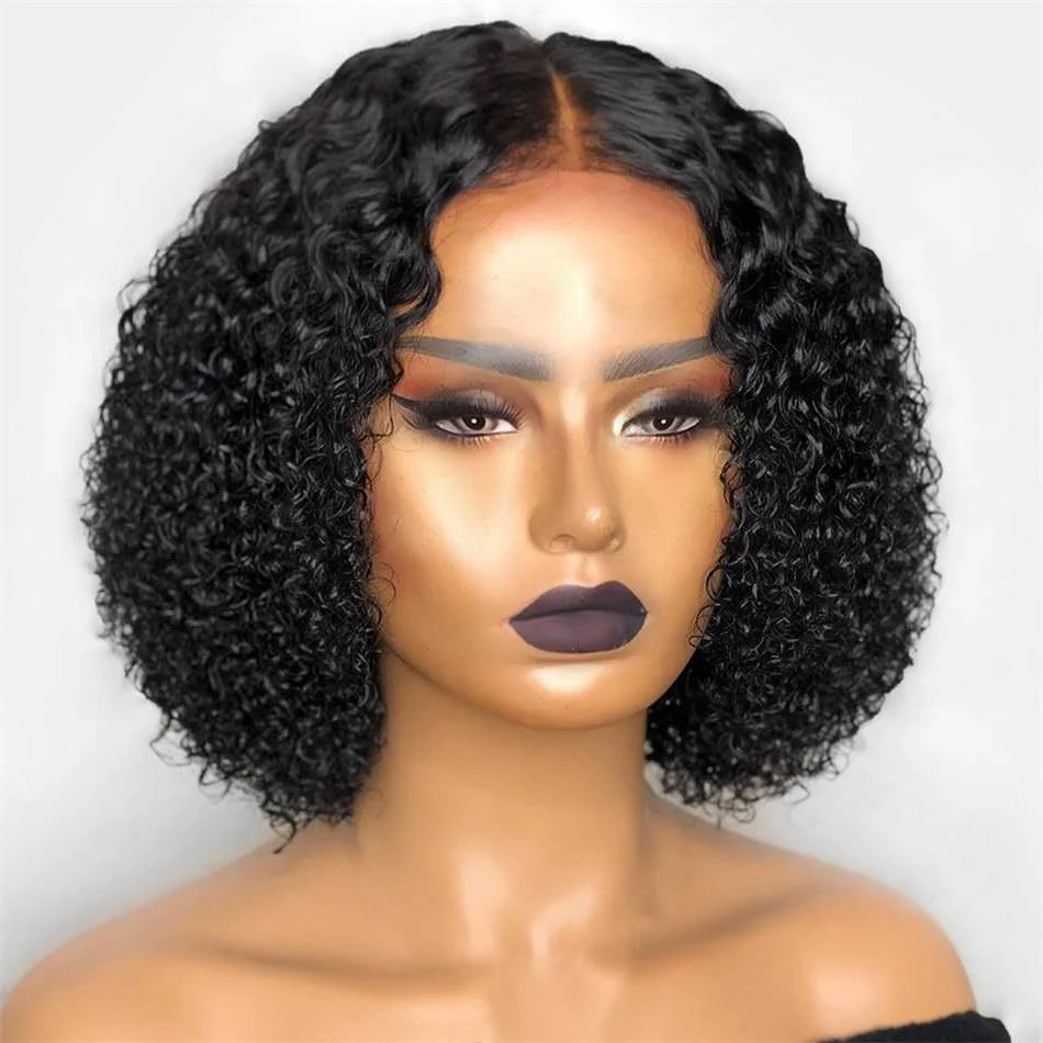 Glueless 13x1.5 Lace Front Short Curly Bob Wig with Side Bangs - Anti-Shedding Premium Matte Heat-Resistant Synthetic Water Wave Curls (Natural Black) - 图片 5